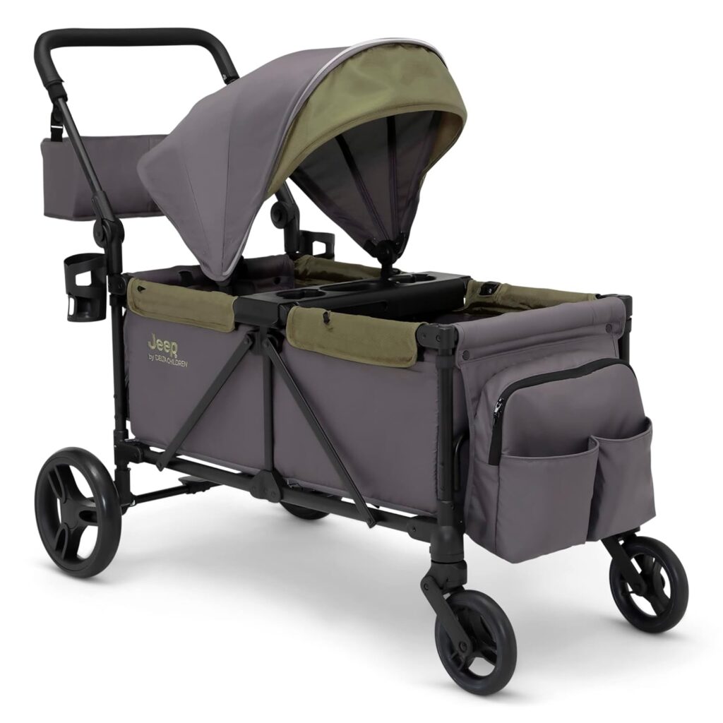 Jeep Sport All-Terrain Stroller Wagon by Delta Children - Includes Canopy, Parent Organizer, Adjustable Handlebar, Snack Tray & Cup Holders, Grey/Olive...